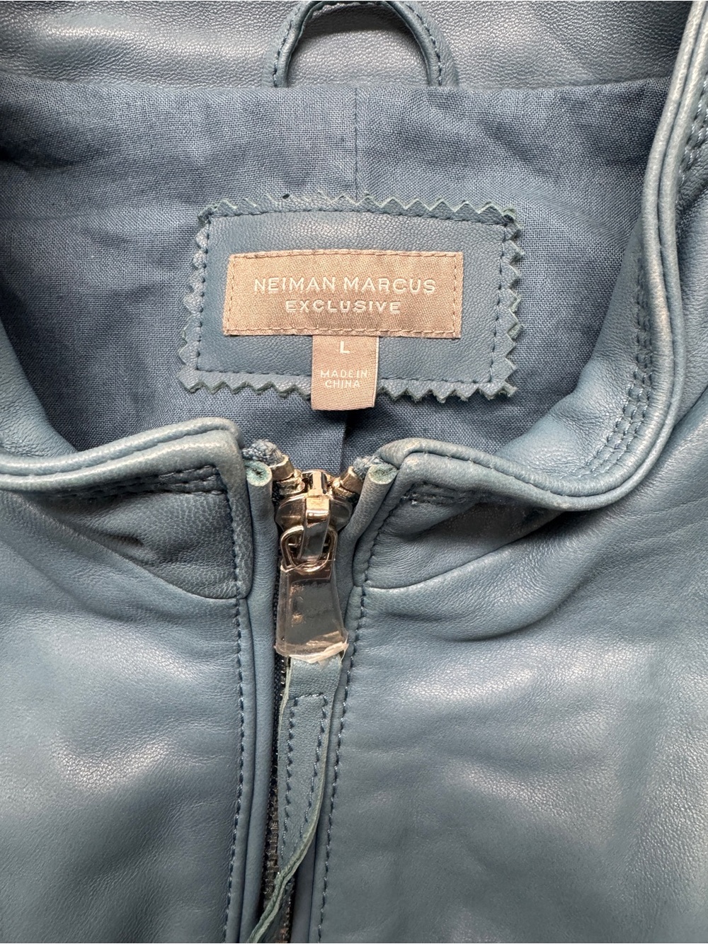 Neiman Marcus Exclusive Women's Blue Leather Zip-Front Jacket - Picture 7 of 14
